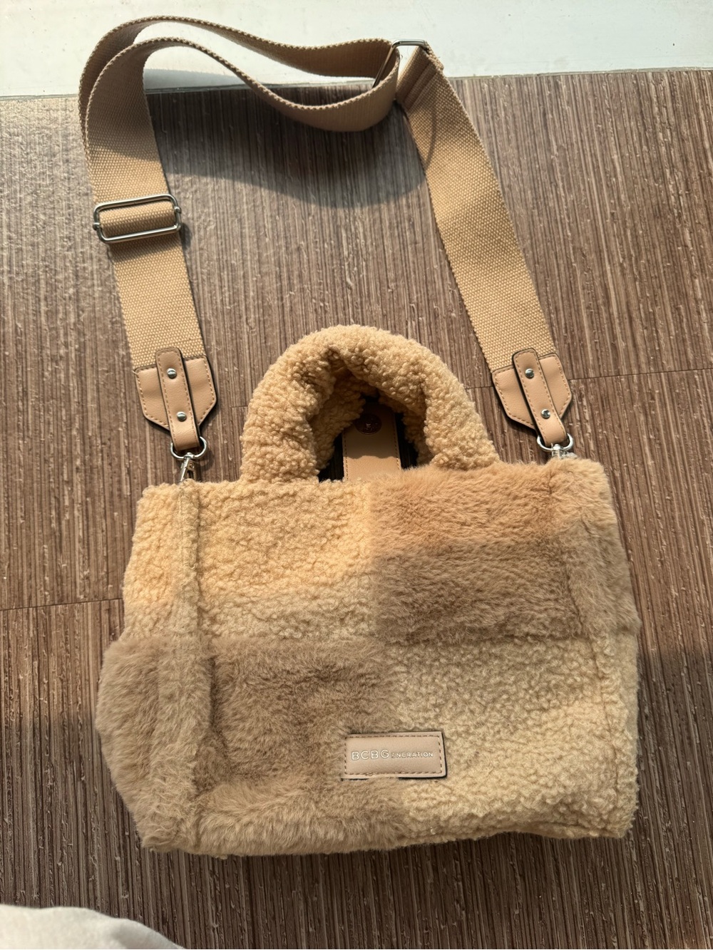 BCBGeneration Tan Faux Shearling Crossbody Bag with Adjustable Strap